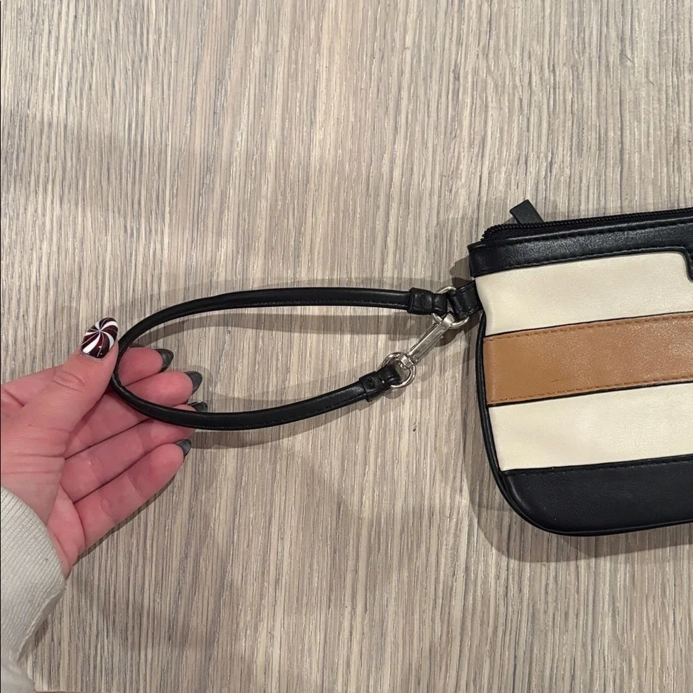 Nine West Colorblock Wristlet Clutch Black Cream Brown Zip Pouch